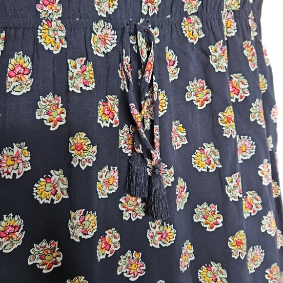 LOFT Paisley Midi Peasant Dress Small Navy Blue Elastic Waist Tassels Ruffle Hem - Picture 5 of 12